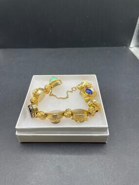 Vintage Corocraft Gold Tone Victorian Gemstone Sliding Charm Bracelet Sz 8.75